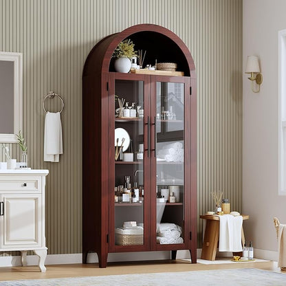 IDEALHOUSE Arched Kitchen Pantry Storage Cabinet - Farmhouse 5-Tier Display Shelf with 2 Large Glass Doors and Adjustable Shelf, Versatile Cupboard for Kitchen, Dining Room, Living Room, Walnut