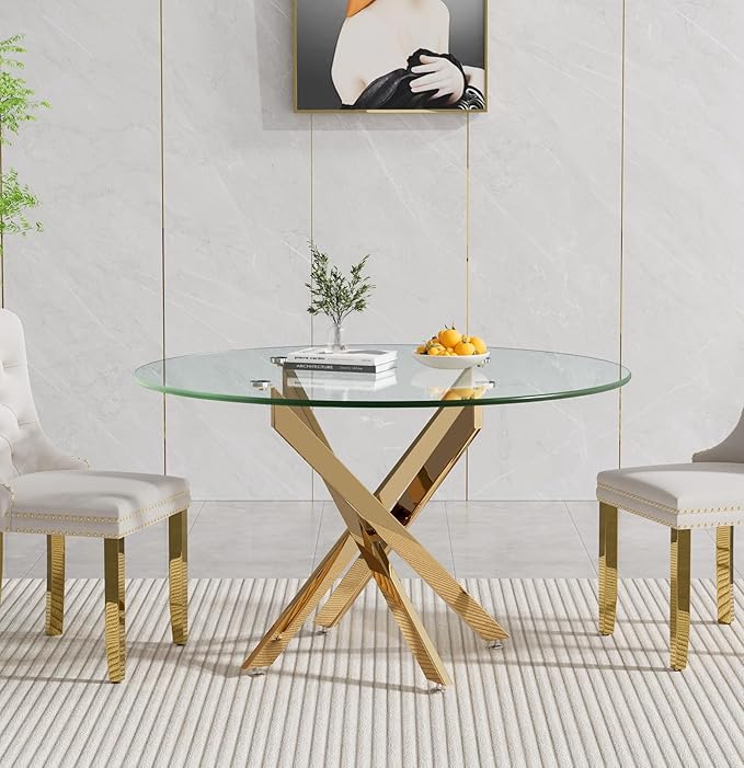 Henf 47.24" Glass Round Dining Table with X-Shape Metal Legs, Gold Kitchen Table for 4-6 People, Round Glass Dining Room Table for Small Space, Easy Assembly Circular Side Desk