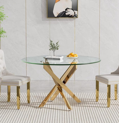 Henf 47.24" Glass Round Dining Table with X-Shape Metal Legs, Gold Kitchen Table for 4-6 People, Round Glass Dining Room Table for Small Space, Easy Assembly Circular Side Desk