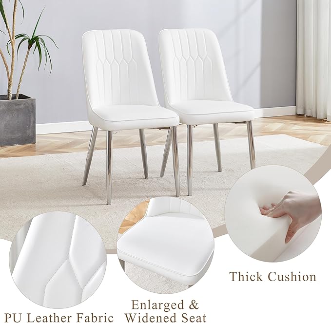 Glass Dining Table and Chair Set with 2 White PU Cushion Chairs, 36 Inch Diameter Round Table with Silver Metal Legs, Industrial Minimalist Style for Dining Room and Kitchen