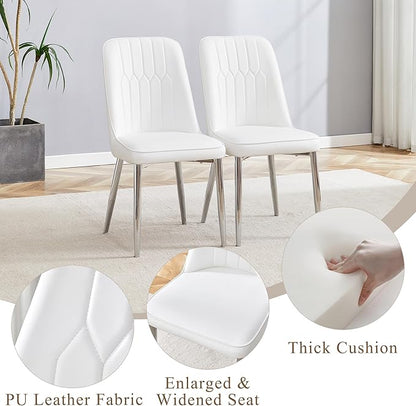 Glass Dining Table and Chair Set with 2 White PU Cushion Chairs, 36 Inch Diameter Round Table with Silver Metal Legs, Industrial Minimalist Style for Dining Room and Kitchen