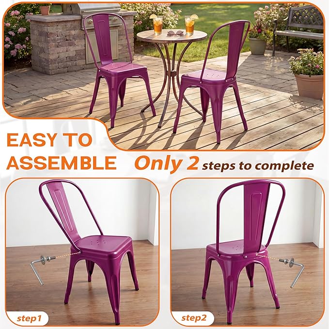 Shahoo Metal Dining Chairs Classic Iron Stackable Industrial Vintage Trattoria with Back, Indoor-Outdoor Side Settee for Home Bistro Cafe Kitchen Restaurant Set of 4, Purple
