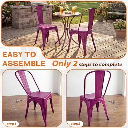 Shahoo Metal Dining Chairs Classic Iron Stackable Industrial Vintage Trattoria with Back, Indoor-Outdoor Side Settee for Home Bistro Cafe Kitchen Restaurant Set of 4, Purple