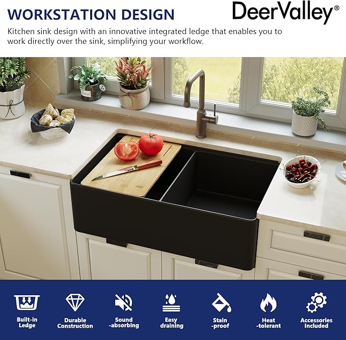 DeerValley Farmhouse Sink Workstation 33 inch, Black Fireclay Apron Front Farm Sinks, Double Bowl Deep Drop-in Undermount Sink with Workstation Accessories
