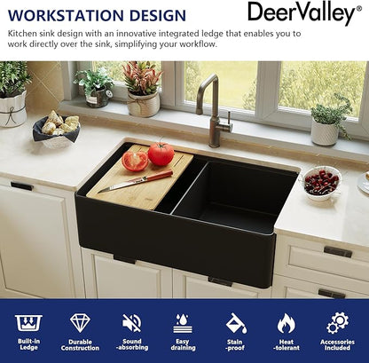 DeerValley Farmhouse Sink Workstation 33 inch, Black Fireclay Apron Front Farm Sinks, Double Bowl Deep Drop-in Undermount Sink with Workstation Accessories