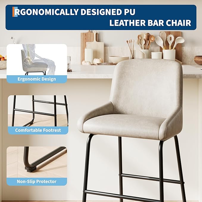 IDEALHOUSE Counter Height Bar Stools Set of 3, PU Leather Barstools with Back and Footrest, Modern Industrial Metal Frame Armless Bar Chairs for Kitchen Island, Counter, Grey