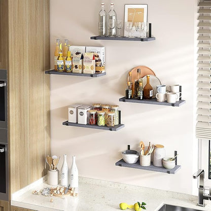 Fixwal Floating Shelves Set of 5, Width 4.7 Inches Wall Shelves, Rustic Wood Wall Storage Shelves for Bedroom, Living Room, Kitchen, Bathroom (Grey)