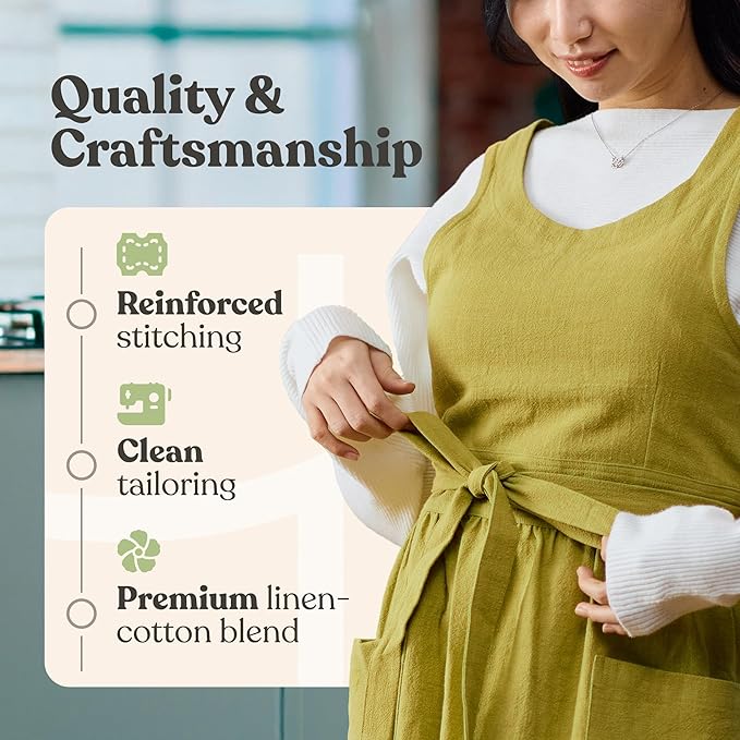 HANEE Linen Cross Back Apron for Women with Pockets - Japanese, Korean Style No Tie Pinafore Smock for Kitchen Cooking Garden