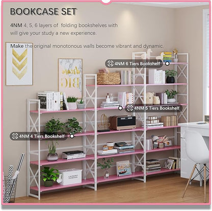 4NM Extra Wide 5 Tiers No Assembly Book Shelves, 51.2" H Folding Bookshelf Bookcase Open Industrial Foldable Shelves for Bedroom, Living Room, Home Office - Pink White