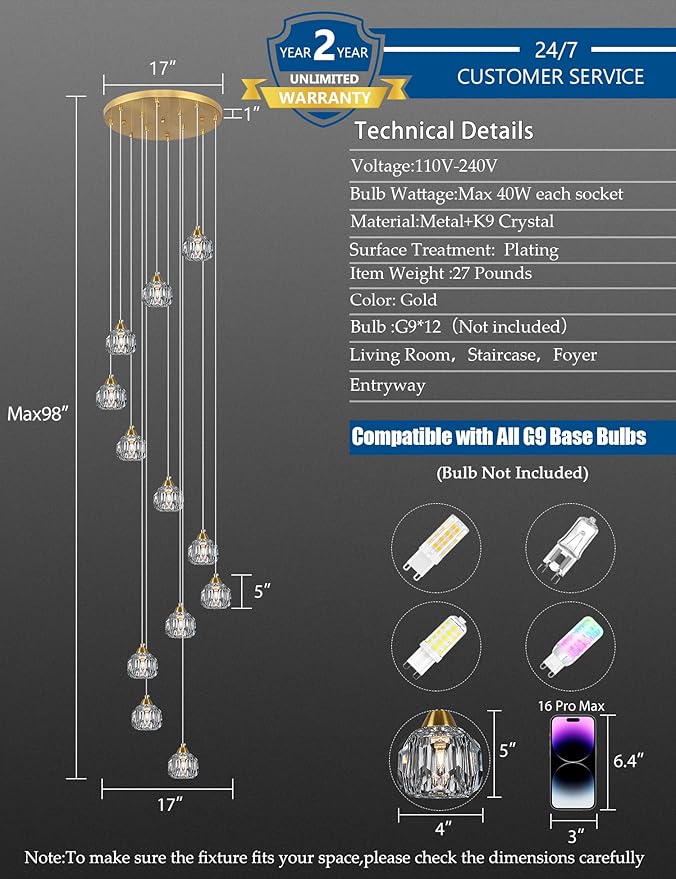 Weesalife Crystal Chandeliers for Staircases, 12-Light Gold Modern Chandeliers for High Ceilings，Crystal Pendant Light Fixture for Living Room Kitchen Island Foyer Hallway Bar