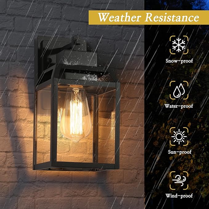 LALUZ Outdoor Porch Lighting Wall Mount, Anti-Rust Exterior Wall Light Fixture with Clear Glass, Weather-Proof Outdoor Wall Sconce Lighting Black Outside Wall Lantern for Patio, Garage, Yards