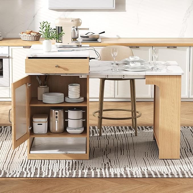 Modern Dining Table 59.5in Kitchen Island with Extendable Table, Double-Sided, 2 Drawers, Power Outlet, Side Shelves, Wood Finish, Design, Console for Living Room,Natura