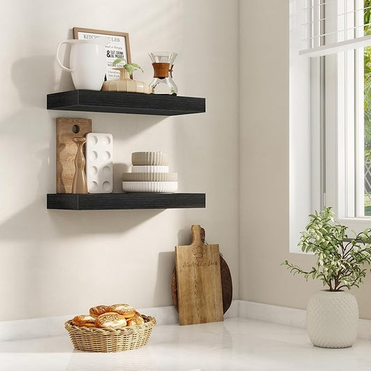Acovy 16 Inch Floating Shelves for Wall 2 Pack, 16" Wall Shelves for Books, Storage, Decor, Wall Mounted Floating Shelf with Invisible Brackets for Kitchen, Living Room, Black
