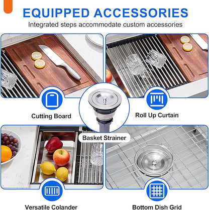 33 Inch Farmhouse Sink, 33x20 Stainless Steel Undermount Single Bowl Apron Front Handmade 16 Gauge 9" Deep Farm Kitchen Sink Workstation with Accessories