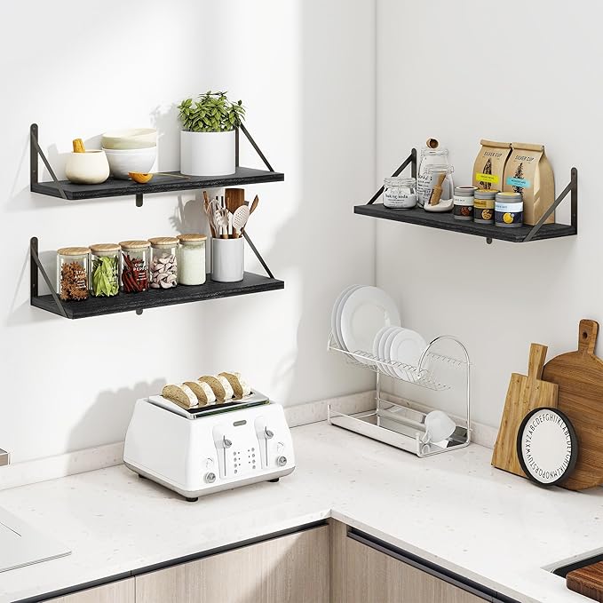 Heimlove Floating Book Shelves for Wall,23.6 Inches Wall Bookshelf Mounted Display&Storage Wood Shelves for Kitchen Bathroom Laundry Living Room,Set of 3,Black