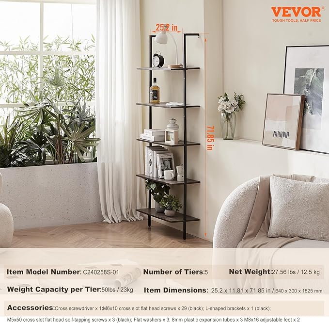 VEVOR Ladder Shelf, 5-Tier Bookshelf 24x11.8in, Open Wall-Mounted Ladder Shelf with Metal Frame,Storage Rack Sundries Holder for Kitchen Bedroom Bathroom Living Room, Black