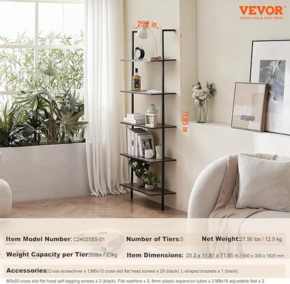 VEVOR Ladder Shelf, 5-Tier Bookshelf 24x11.8in, Open Wall-Mounted Ladder Shelf with Metal Frame,Storage Rack Sundries Holder for Kitchen Bedroom Bathroom Living Room, Black