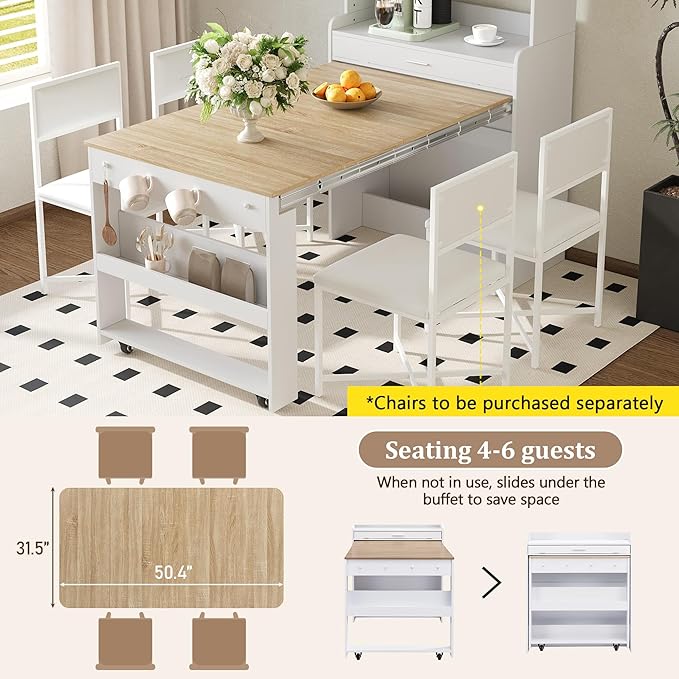 Compact Buffet with Hutch and Foldable Dining Table, Multifunctional Cupboard with Storage Shelf and Side Hooks, 2-in-1 Buffet for Small Places, Studio, Apartment (Natural-9c)