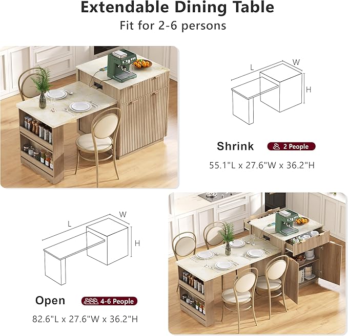 Modern Dining Table Expandable 82.6in Fluted Kitchen Island with, Power Outlet, Wood Console Table with Drawers for Living Room Dining Room Kitchen,Natural-MDF