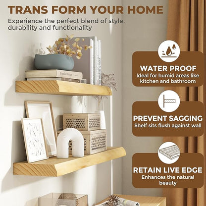 RICHFOCUS Live Edge Wood Floating Shelves for Wall 24" Natural Solid Wood Wall Mounted Shelf|8 Inch Deep Wooden Floating Shelves with Invisible Bracket for Bathroom Kitchen Room|2Pcs, Natural