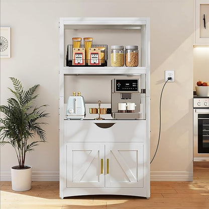 VECELO 2-Tier Microwave Stand with Power Outlet & USB Ports, 15.5" Deep Kitchen Pantry Cabinet, Fits 1.0 Cu.Ft Microwave, Modern Farmhouse Coffee Bar Storage with Drawer & Barn Door for Kitchen, White