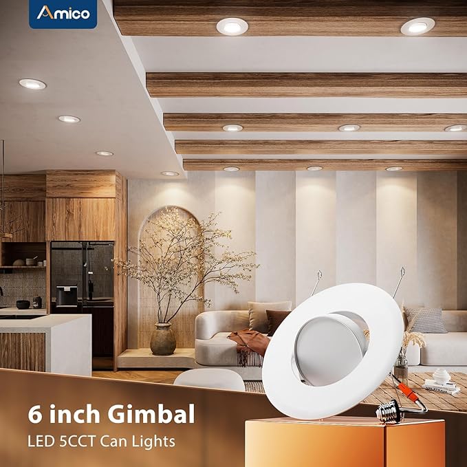 Amico 4 Pack 6 Inch Retrofit Eyeball Gimbal Can Lights, Adjustable Eyeball Directional 5CCT LED Recessed Lights, Dimmable, 2700K/3000K/3500K/4000K/5000K Selectable, 10W 950LM, ETL&FCC