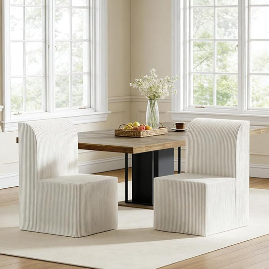 Modern Corduroy Upholstered Armless Dining Chair Set of 2, Comfortable Dining Room Chair Side Leisure Chairs with Mid Back for Dining Room Kitchen Bedroom Reading Room, No Assemble, Beige