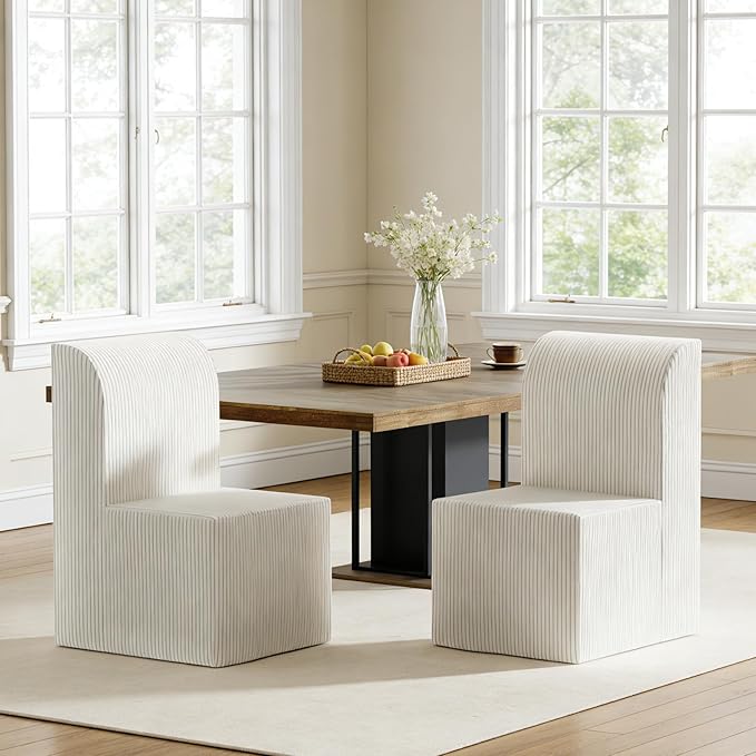 Modern Corduroy Upholstered Armless Dining Chair, Comfortable Dining Room Chair Side Leisure Chairs with Mid Back for Dining Room Kitchen Bedroom Reading Room, No Assemble, Beige