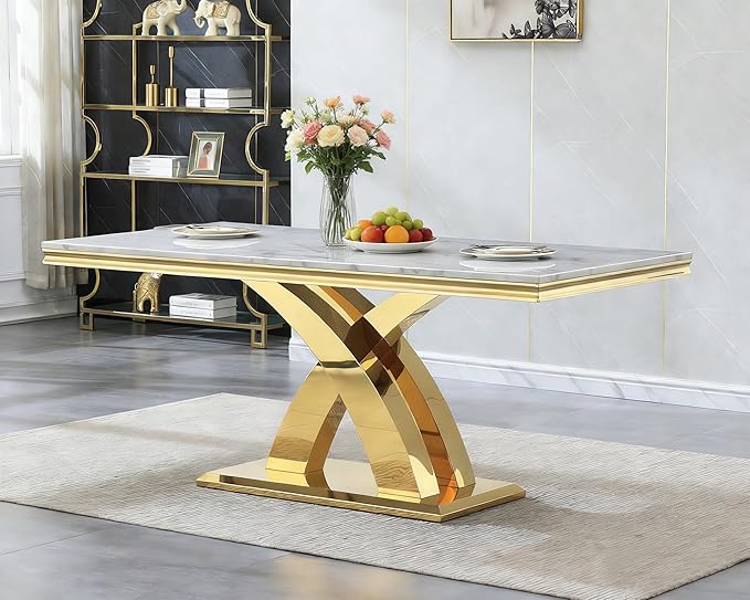 68 Inch Marble Dining Table for 4-6,Modern Dining Room Table with White Faux Marble Tabletop & Gold X Stainless Steel Base,Luxury Rectangle Gold Kitchen Dining Room Table for Living Room Home Office