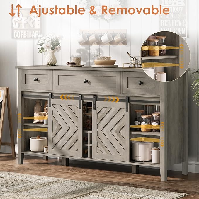 CABIHOME Farmhouse 59'' Buffet Cabinet with Sliding Barn Door, 33.4'' Tall Wood Rustic Sideboard with 3 Drawer, Adjustable Shelf and Removable Wine Rack for Dining Room, Kitchen, Living Room, Vintage