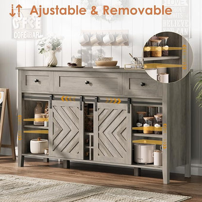 CABIHOME Farmhouse 59'' Buffet Cabinet with Sliding Barn Door, 33.4'' Tall Wood Rustic Sideboard with 3 Drawer, Adjustable Shelf and Removable Wine Rack for Dining Room, Kitchen, Living Room, Vintage