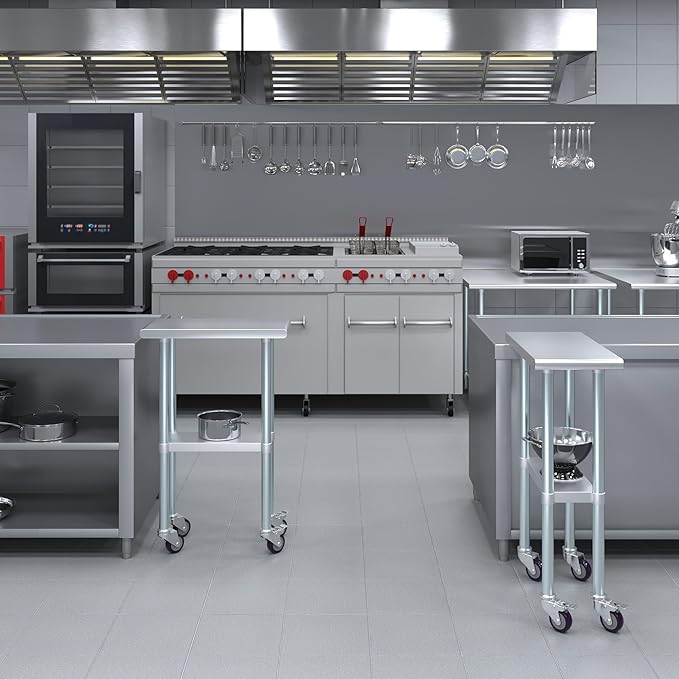 Stainless Steel Work Table with Wheels | NSF Kitchen Island Food Prep | Laundry Garage Utility Bench (Table + Wheels, 12" Long x 24" Deep)