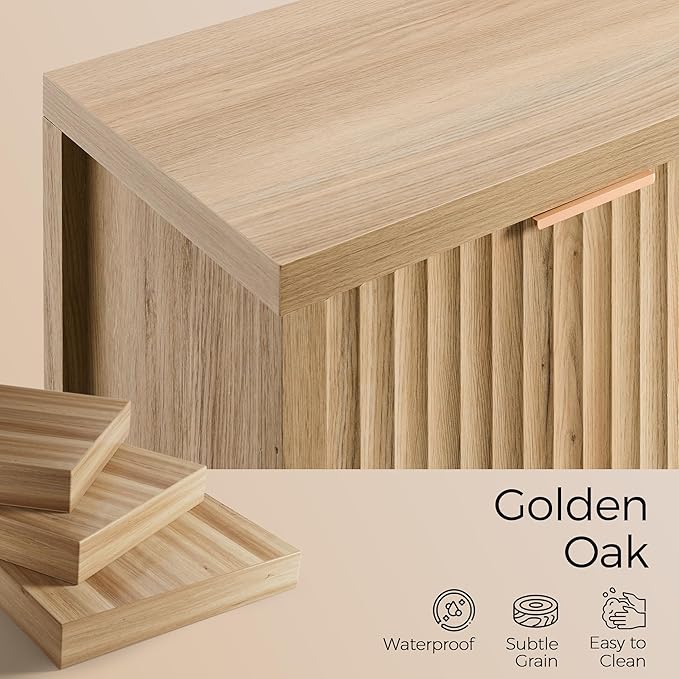 OAKHAM HOME Buffet Cabinet Fluted Sideboard 56" Accent Cabinet with Adjustable Shelves 4 Doors Modern Storage Credenza for Living Room Kitchen Hallway,Golden Oak