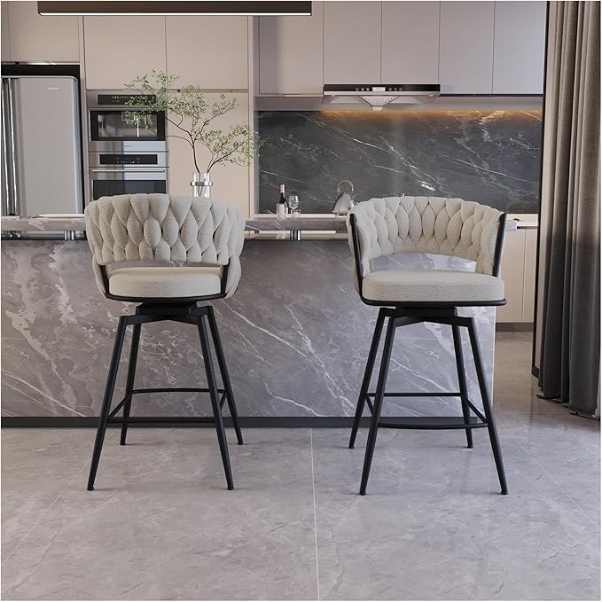 26" Linen Woven Bar Stool Set of 2,Black Legs Barstools No Adjustable Kitchen Island Chairs,360 Swivel and Counter Stool Arm Chairs with Back Footrest (White)