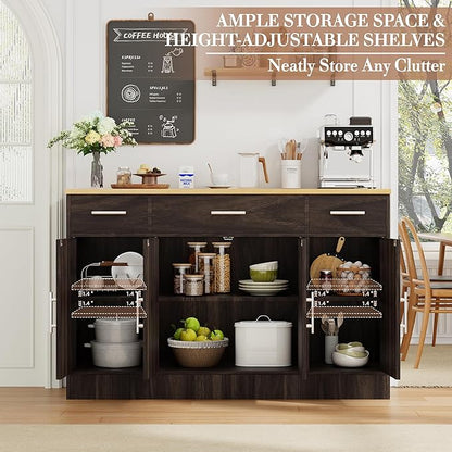 Shintenchi Buffet Cabinet with Storage,53.4" Large Kitchen Storage Cabinet with 3 Drawers and 4 Doors,Wood Farmhouse Buffet Sideboard with Adjustable Shelf for Kitchen Living Room, Brown