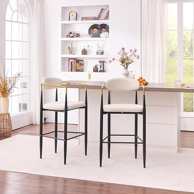 Modern Upholstered Accent Chair Set of 2 with Ergonomic Backrest,Gold Accented Armrests,Linen Fabric Seat,Black Metal Frame,Contemporary Seating for Dining Room,Kitchen Island (Beige,Bar Stool)