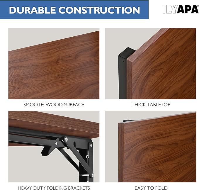 Ilyapa Wall Mounted Folding Table - 16x40 Wood Floating Desk for Wall, Laundry Folding Table - 1.5 inch Fold Down Wall Desk for Small Spaces - Mahogany