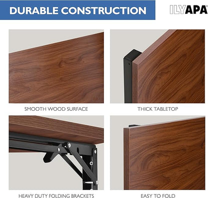 Ilyapa Wall Mounted Folding Table - 16x40 Wood Floating Desk for Wall, Laundry Folding Table - 1.5 inch Fold Down Wall Desk for Small Spaces - Mahogany