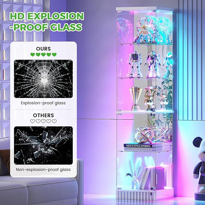 HNEBC 6-Tier Shelf with Glass Door, LED Display Case with RGB Lights& Motion Sensor, Lockable Curio Cabinet for Collectibles,Bookcase,China Cabinet-White