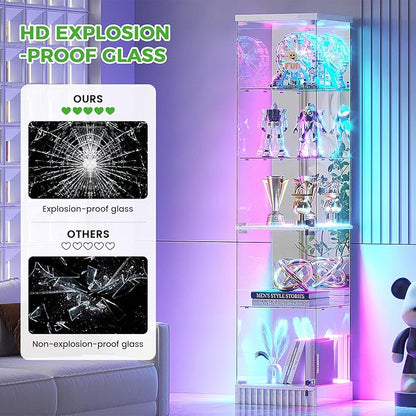 HNEBC 6-Tier Shelf with Glass Door, LED Display Case with RGB Lights& Motion Sensor, Lockable Curio Cabinet for Collectibles,Bookcase,China Cabinet-White