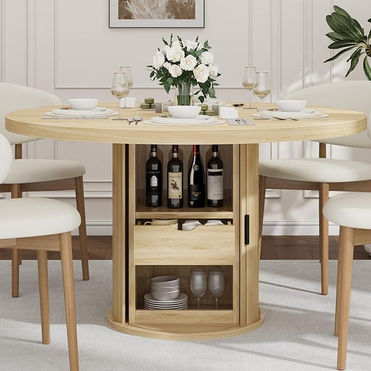 Garvee 47 Inch Round Dining Table for 4, Kitchen Table with 2-Layer Storage Shelf and a Drawer, Farmhouse Circle Dinner Table for Dining Room, Kitchen, Living Room (Table Only), Natural