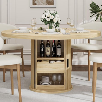 IDEALHOUSE 47" Round Dining Table for 4-6, Modern Farmhouse Kitchen Table with 2-Layer Storage Shelf & Drawer, Wooden Circle Dining Tables with Fluted Pedestal Base, Natural