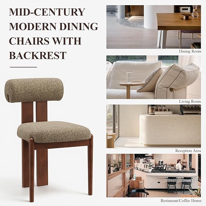 MALOL Modern Wooden Dining Chairs Set of 2, Upholstered Fabric Kitchen Chairs with Sculptural Backrest, Mid-Century Farmhouse Dining Room Chairs with Solid Wood Legs, Camel
