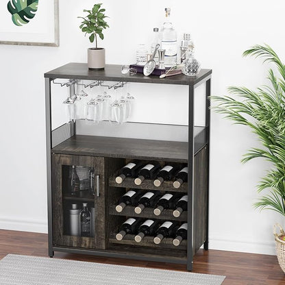 GAOMON Coffee Wine Bar Cabinet with Storage and Detachable Rack, Farmhouse Sideboard and Buffet Cabinet with Glass Holder and Mesh Door, Liquor Coffee Bar Cupboard, Dark Wood
