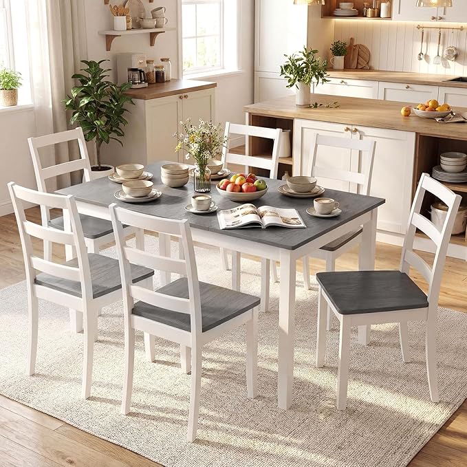 Giantex Dining Table for 4-6, 60" Rectangular Kitchen Table with Solid Rubber Wood Legs, Farmhouse Wooden Dinner Table for Dinette, Home Office, Living Room (Gray)