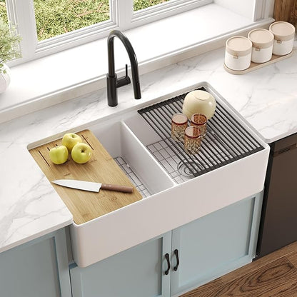 DeerValley Double Bowl Workstation Kitchen Sink 36 inch, Reversible Fireclay Deep Farmhouse Apron Front Kitchen Sinks, White Undermount Farm Sink with Ledge and Accessories