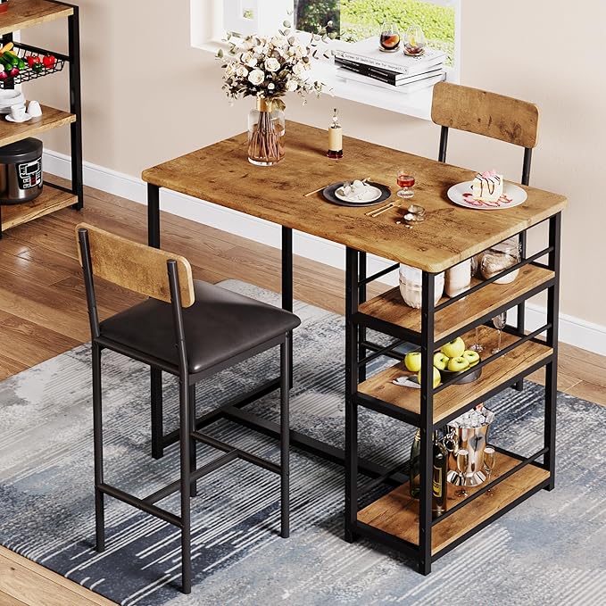 Bar Table and Chair Set with Three Shelves Small 2-Person Dining Table with 2 Upholstered Stools with Backrests Suitable for Restaurants and Bistros -Vintage Color