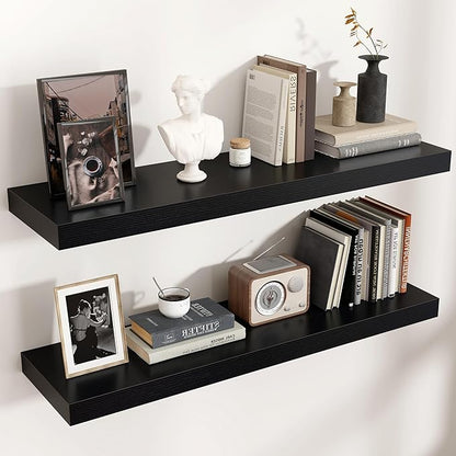 Venusmiles Floating Shelves for Wall, Engineered Wood Wall Shelves with Invisible Brackets for Living Room Bedroom Bathroom Office Kitchen Decor and Storage (Black, 36" W x 9" D x 1.5" H) Set of 2