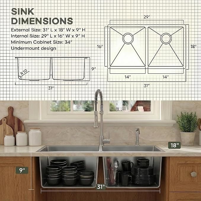 LQS Kitchen Sink 31x18, 31 Inch Undermount Kitchen Sink Double Bowl, Stainless Steel Sink and 50/50 Double Bowl with Two Sink Grids and Two Sink Strainers