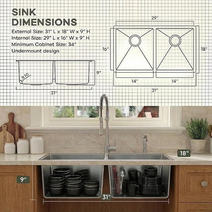 LQS Kitchen Sink 31x18, 31 Inch Undermount Kitchen Sink Double Bowl, Stainless Steel Sink and 50/50 Double Bowl with Two Sink Grids and Two Sink Strainers